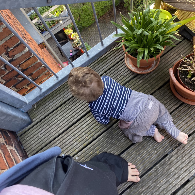 Ein Kleinkind krabbelt auf dem Balkon. Im Bildrand sind Grünpflanzen zu sehen, sowie die Beine einer Person in Jogginghose.